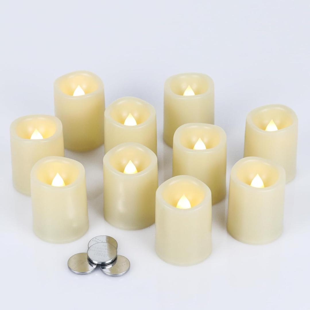 DRomance Flameless Votive Candles with 6 Hour Timer, Battery Operated Ivory LED Flickering Small Pillar Tealight Candles Bulk 1.5" D x 2" H Set of 10 Warm Light Indoor Wedding Christmas Holiday Decor