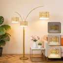 Gold Arc Floor Lamp for Living Room, Boho Floor Lamp with Stepless Dimmable Switch, Rattan Standing Lamp with Wicker&Fabric Shade, Mid Century Tall Lamp for Bedroom Over Couch Reading