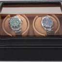 Double Watch Winder for Rolex and Other Luxury Watches - Automatic Winder with Quiet Motor, Premium Black Ostrich Leather Exterior and Soft Flexible Watch Pillows of Camel Velvet