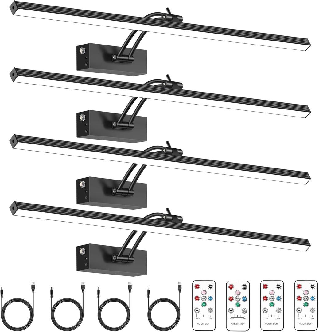 4 Pack Picture Lights for Wall, 23in Art Lighting for Paintings Cordless, 6400mAh Rechargeable Battery Operated Picture Light with Remote Dimmable and Timer for Artwork, Gallery, Frame, Display, Black