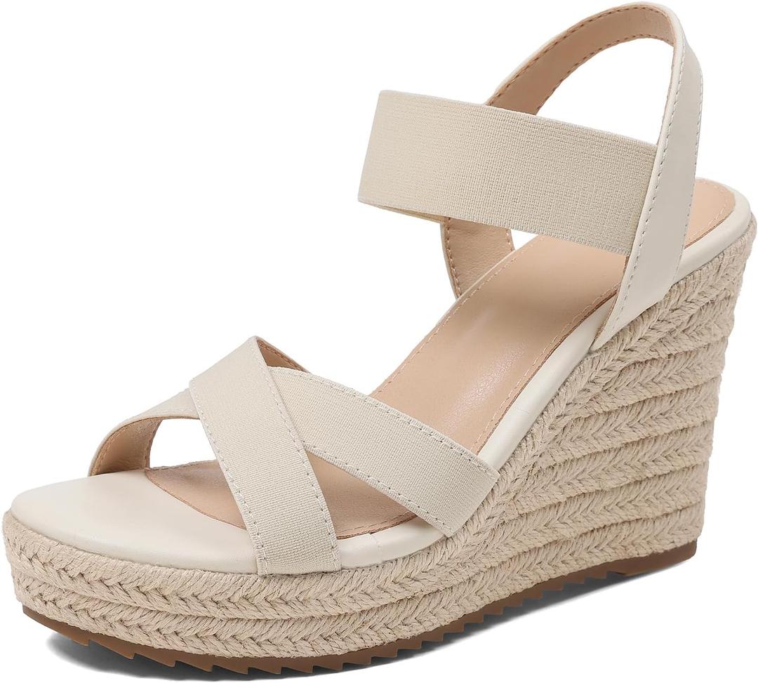 mikarka Women's Open Toe Espadrilles Wedge Sandal Slip On Elastic Ankle Strap Platform Sandals Dressy Comfortable Wedges Shoe (8.5, Apricot)