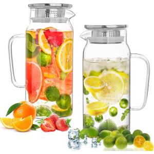 Set of 2 Glass Pitcher with Lid, 1200ml Leak Proof,Glass Water Jugs, BPA-Free,Microwave & Dishwasher Safe Pitcher,Sun & Iced Tea, Sangria,Cold Brew Coffee & More (1500ml)