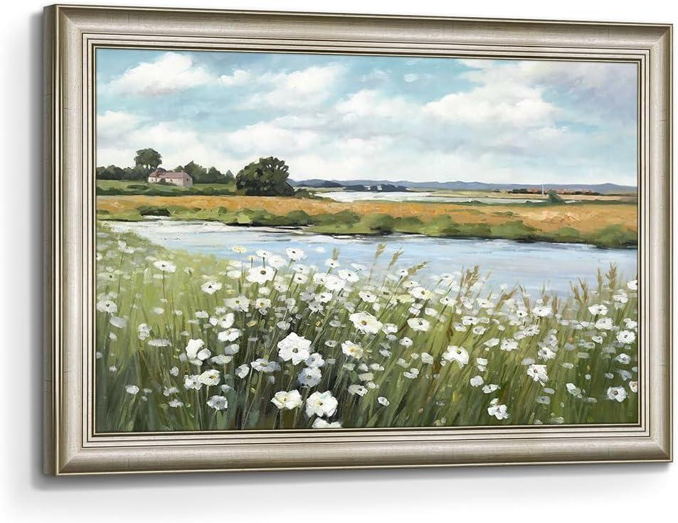 Lake Canvas Wall Art Framed: Flower Landscape Painting Picture Artwork Hand Painted Nature Scenery Print Decor for Living Room Bedroom Home Decoration (45L" x 30W")