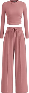 PRETTYGARDEN Women's 2 Piece Sets 2026 Fall Long Sleeve Crop Tops Wide Leg Pants Matching Outfit Tracksuits Spring Clothes (Medium, Red)