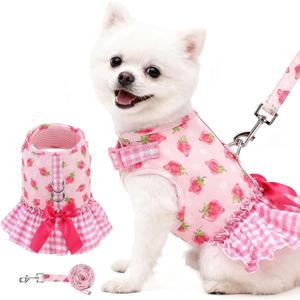 EXPAWLORER Dog Harness Small Medium Sized Dogs, Plaid Dog Dress Bowknot Harness and Leash Set, No Choke No Pull Soft Mesh Vest Cute Princess Puppy Outfits Clothes Costume for Girls Party Cats Pink XS (XSmall(Chest Girth 10" - 12.5"))