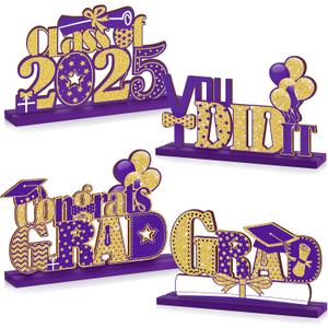 4 Pieces 2025 Graduation Party Decorations Wooden Class of 2025 Table Centerpieces Grad Congratulate Table Toppers for High School College Graduation Party Favor Supplies Photo Booth Props (Purple)