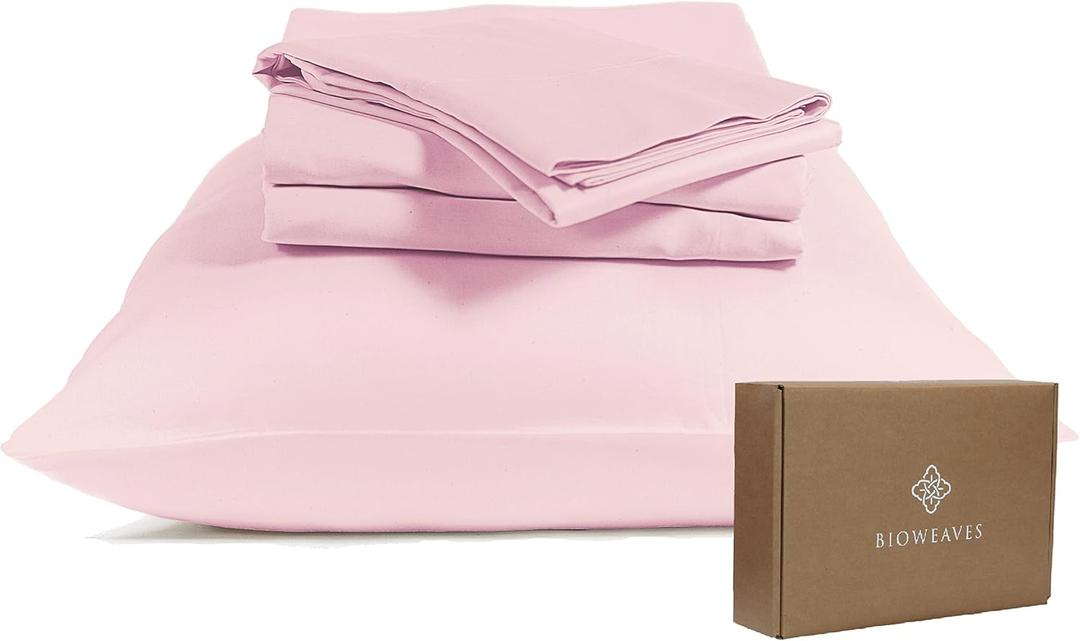 BIOWEAVES 100% Organic Cotton Sheets, 300 Thread Count 4-Piece GOTS Certified Bed Sheet Set Fits Mattress Upto 17" Deep Pocket, Soft & Silky Sateen Weave (Queen, Blush Pink)
