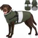 SUNFURA Dog Coat, XXL Dog Jacket Winter with Harness Built in, Waterproof Pet Snow Jacket with Furry Collar for Chilly Day, Reflective Fleece Snowsuit for Extra Large Dogs, Army Green 2XL