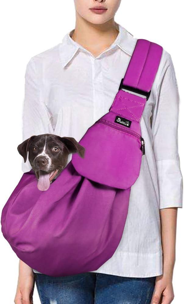 SlowTon Dog Carrier Sling - Thick Padded Shoulder Strap Adjustable Dog Carriers for Small Dogs, Puppy Carrier Purse for Pet Cat with Front Zipper Pocket Safety Belt Machine Washable (Fuchsia M)