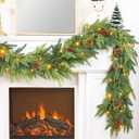 Thicker&Timer -6 Ft by 12 in Lighted Christmas Garland Real Touch Cedar Garland, Pre-Lit Lush Christmas Norfolk Pine Garlands Cypress Norfolk PE Tips Pine Cones Berries for Indoor Mantle Table Decor