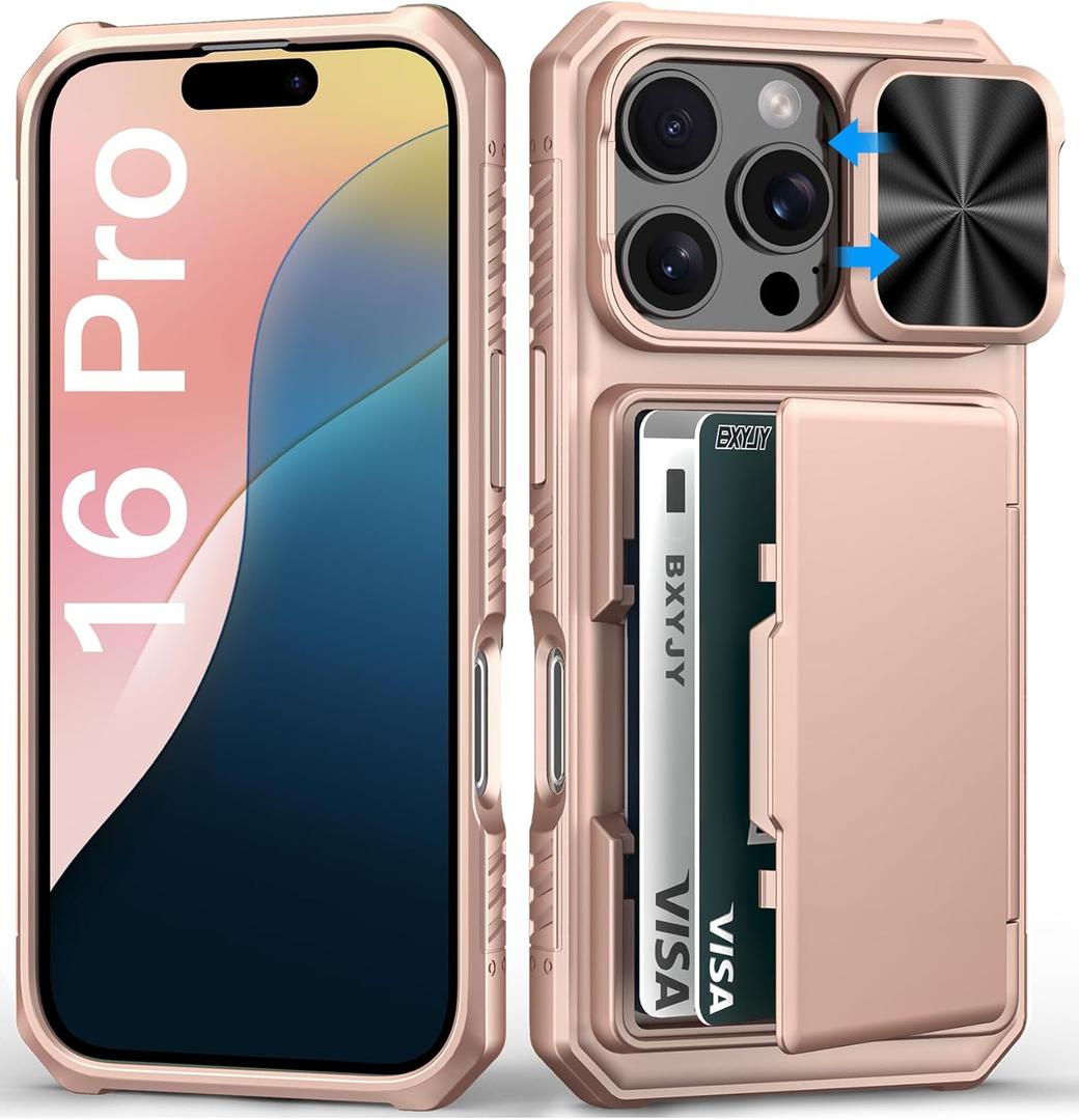 BXYJY for iPhone 16 Pro Case Wallet, Builtin Card Holder (45 Cards), Slide Camera Cover, Military Grade Protection, Hard Heavy Duty Women Girly Men Protective Phone Case for iPhone16 Pro, Rose Gold