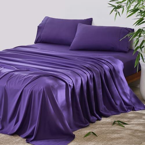 4 Piece King Size Sheet - Cooling Bed Sheets Set, Blend Rayon Derived from Bamboo, Breathable Soft Hotel Luxury Bedding & Pillowcases, Silky Fit 16 inch Extra Deep Pocket, Oeko-Tex - Purple
