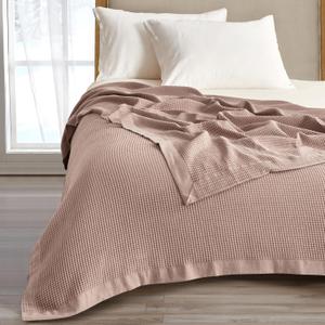 Great Bay Home 100% Cotton Blanket for Full/Queen Size Bed | Lightweight and Breathable Waffle Weave Blankets for Summer & Spring | Versatile, Layering Pink Bed Blanket, Redwood, 90x90 inches