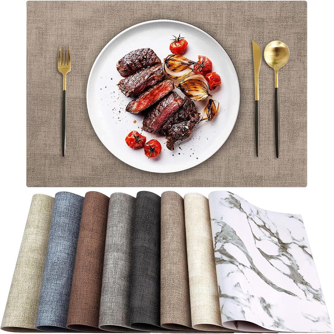 Leather Heat Resistant Placemats Set of 6 Waterproof Wipeable Washable PU Table Mats, Easy to Clean Anti-Slip Place Mats (Light Brown, 6)