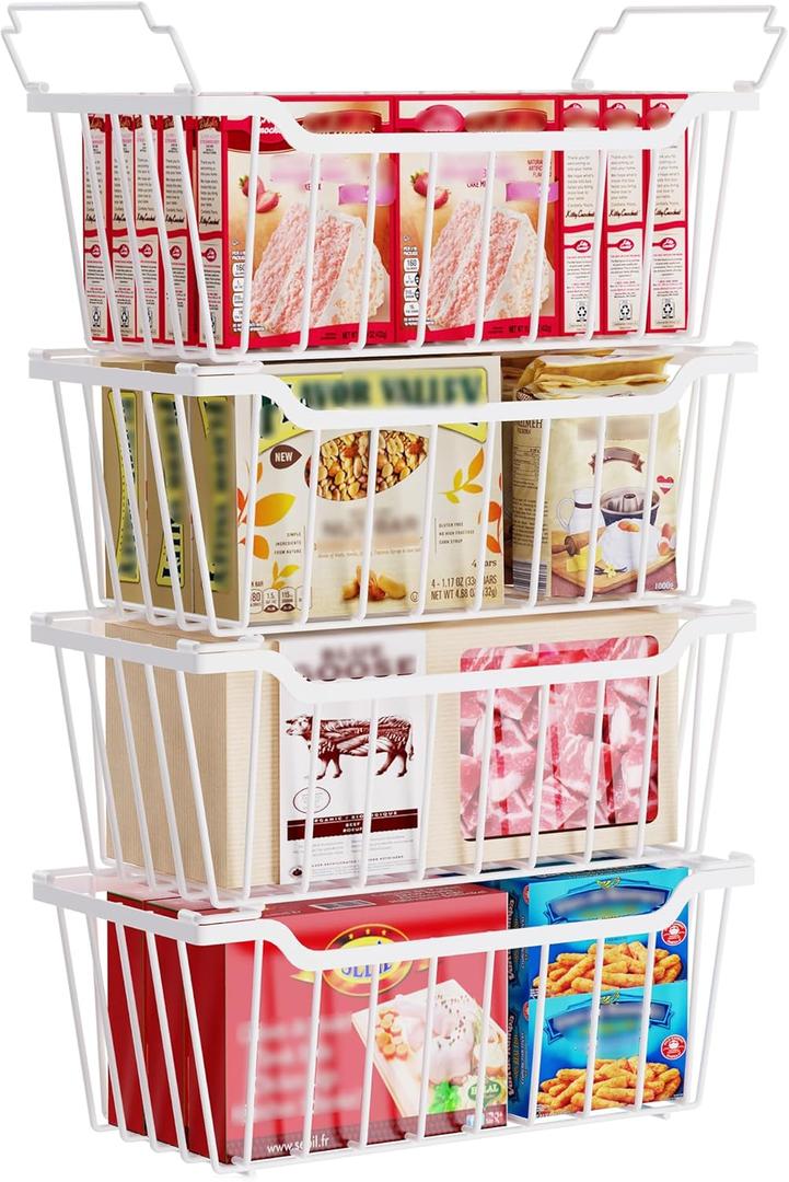 Freezer Organizer Bins, 4 Pack Chest Freezer Organizer Stackable for 5-7 Cu.FT Deep Freezer Sort Frozen Meats and Food, Freezer Storage Baskets with Handles Easy Reach from Bottom, White