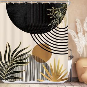 KOMLLEX Mid Century Black Gold Boho Shower Curtain 60Wx72L Inches Abstract Modern Green Shower Curtains for Bathroom Plant Botanical Minimalist Arch Sun Fabric Liner Waterproof Polyester 12 Pack Hooks