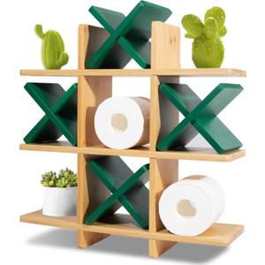 Tic Tac Toe Toilet Paper Holder Stand with Set of 4 Green Paint Bamboo Wooden X Toilet Paper Storage Bathroom Hanging Storage Wall Mounted Shelves Wall Decor for Toilet Tissue Farmhouse Decor