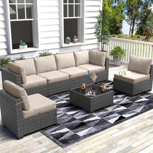 6 Piece Outdoor Patio Furniture Set with Coffee Table, Rattan Deck Conversation Sofa Set, All-Weather Sectional Rattan Sofa with Glass Top Coffee Table, Poolside, Garden, Porch, Grey + Beige