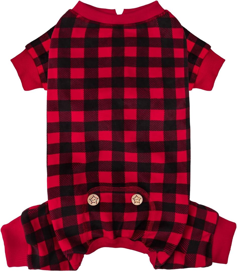 KYEESE Dog Pajamas Soft Dog Pajamas for Small Dogs Comfy Pet Costume Warm 4 Legs Pet Jammies Velvet Pets Onesie Stretchy Dogs Clothes Red Buffalo Check Pet Pjs,M