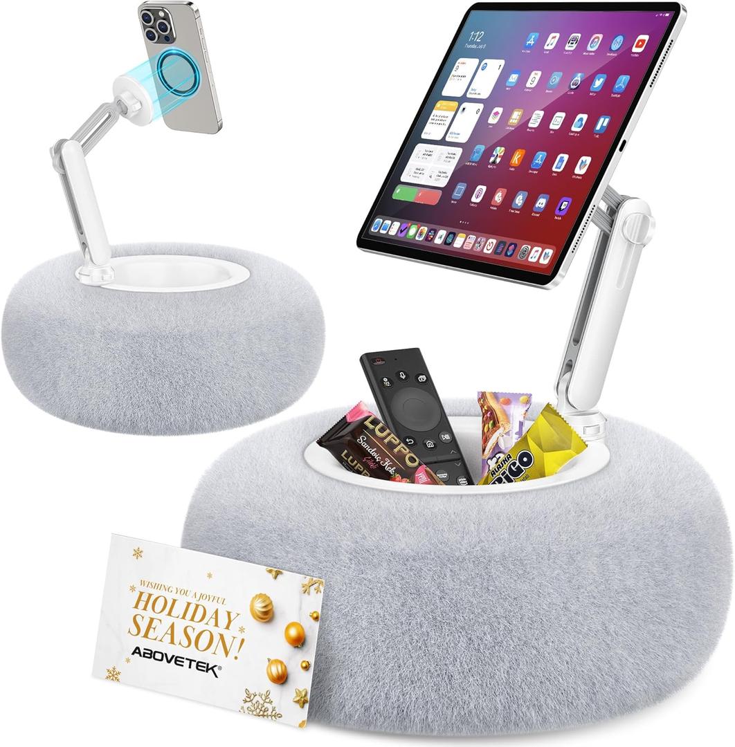 AboveTEK Kindle Pillow Stand, Magnetic iPad Holder for Bed with Snack Bowl, 360 Adjustable Soft Tablet Lap Pillow for Reading, Compatible with Kindle, Tablet, Phone, Ideal Cozy Gift for Family(Gray)