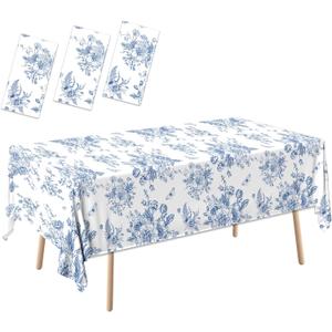 HAKOTI Blue Floral Tablecloth, 54 x 108 Inch Vintage Blue Toile Tablecloth Floral Disposable Tablecloth Blue Flower Tablecloth Blue and White Floral Table Cloth for Wedding Bridal Tea Party