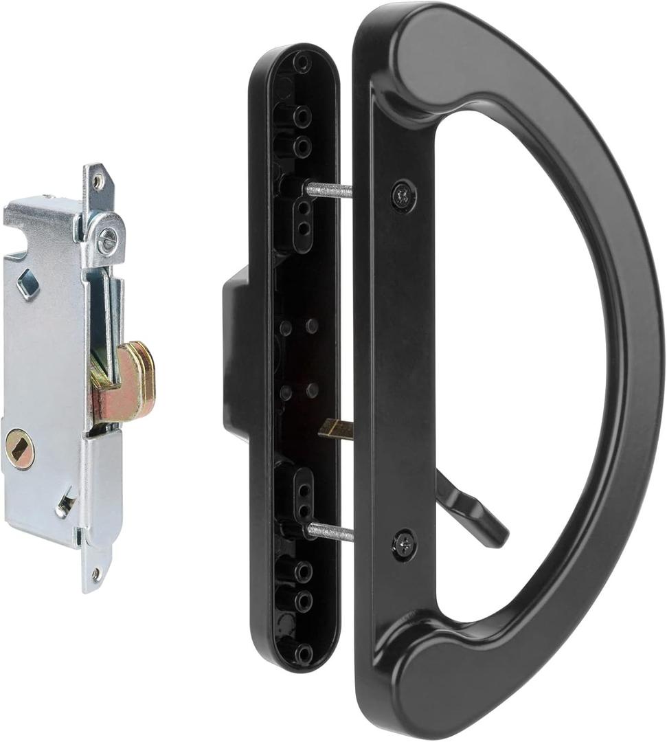 HILLMASTER Patio Door Handle Set with Mortise Lock 45 for Replacement Mortise Style Reversible Design Non-keyed Sliding Patio Glass Door Handles, Fits 3-15/16 Screw Hole Spacing Black Finish