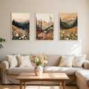 YUFEIART Boho Wall Art Mountain Wall Art OAK Wood Framed Nature Landscape Wall Decor Set of 3 Colorful Wildflower pictures Vintage Floral Canvas Prints Forest Paintings for Living Room Bedroom 16"x20"