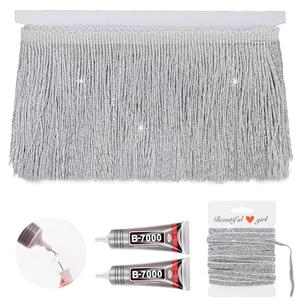 Yhsheen Silver Glittery Fringes, 5 Yards X 4 Inch Fringe Trim with B7000 Glue, Tassels Trim for Crafts Sewing Fringe Trim by The Yard for Clothing Curtain