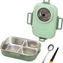 Bento Lunch Box, 304 Stainless Steel Portable Leakproof Lunch Food Containers Set with 3 Compartment for Adults - with Chopsticks Spoon Soup Bowl Gift for Friends, Family (Green)