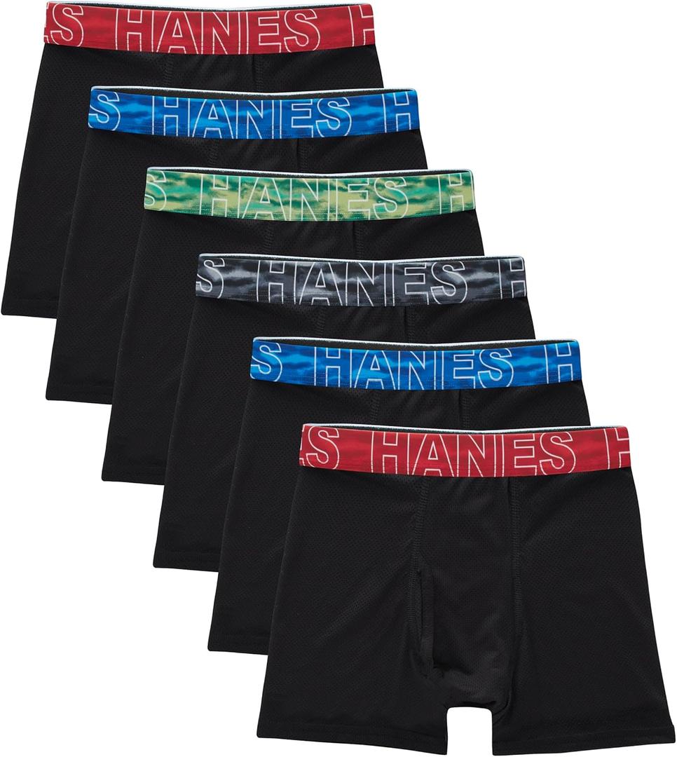 Hanes Boys' Big Performance Tween Boxer Brief Pack, X-Temp Mesh Stretch Underwear, Black, 6-Pack (Large)