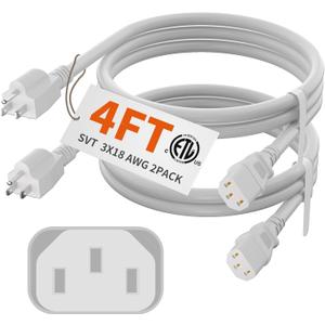 HUANCHAIN 2 Pack 4 FT Power Cord 3 Prong, 18/3 PC Power Cable for Comeputer, Monitor, TVs, Projectors, Desktops, Speakers, 10A 125V 1250W 18AWG, White ETL Listed