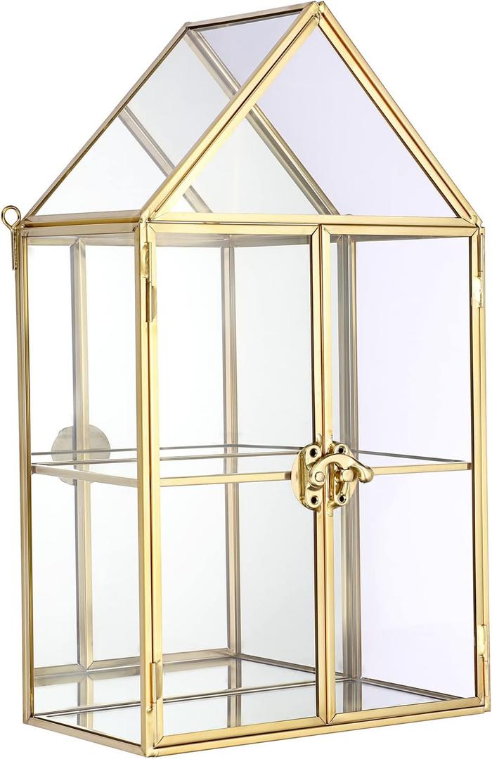 ELLDOO 2 Tier Clear Glass Storage Box, Gold Mirrored Jewelry Makeup Display Organizer Case, Decorative Tower box Storage for Trinket Perfume Lipstick Figure Statue Toy Display, House Shape