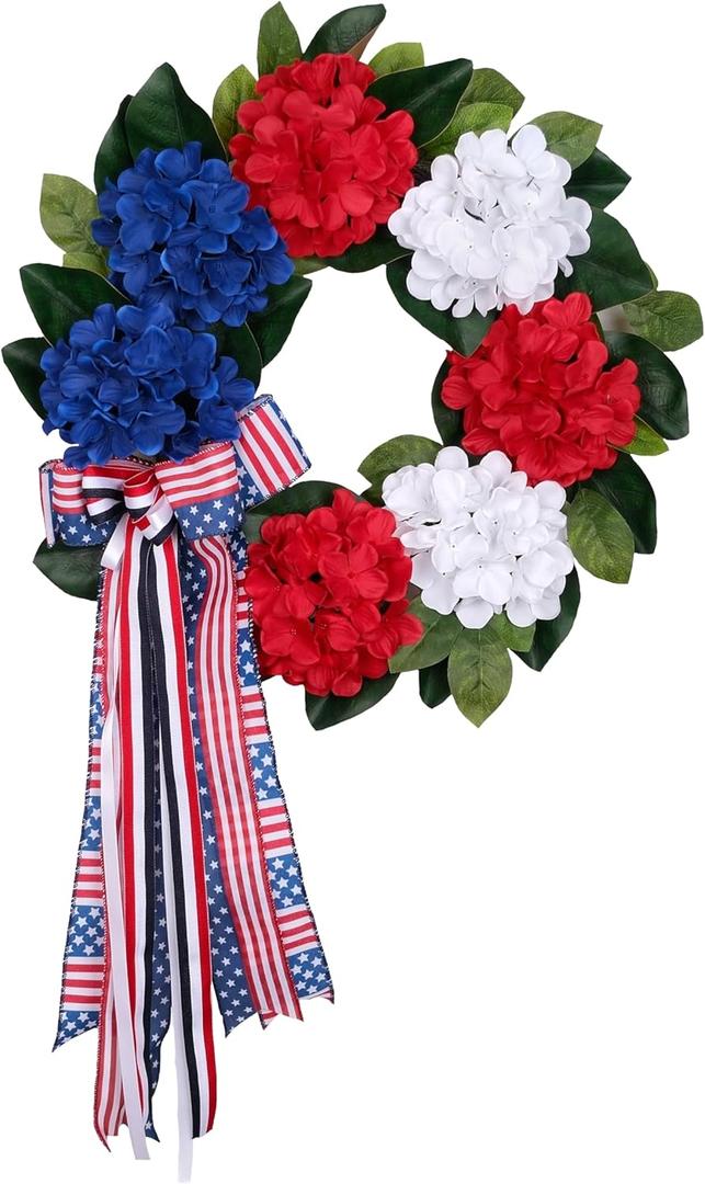 24 Inch Patriotic Front Door Wreath for July 4th Independence Day and Memorial Day, Artificial Red White Blue Hydrangea Wreath with USA Flag Printed Bow