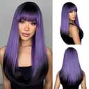 Long Straight Purple Wig for Women Purple Black Wigs with Bangs Synthetic Heat Resistant Hair for Halloween Cosplay Party Daily Use 22Inch