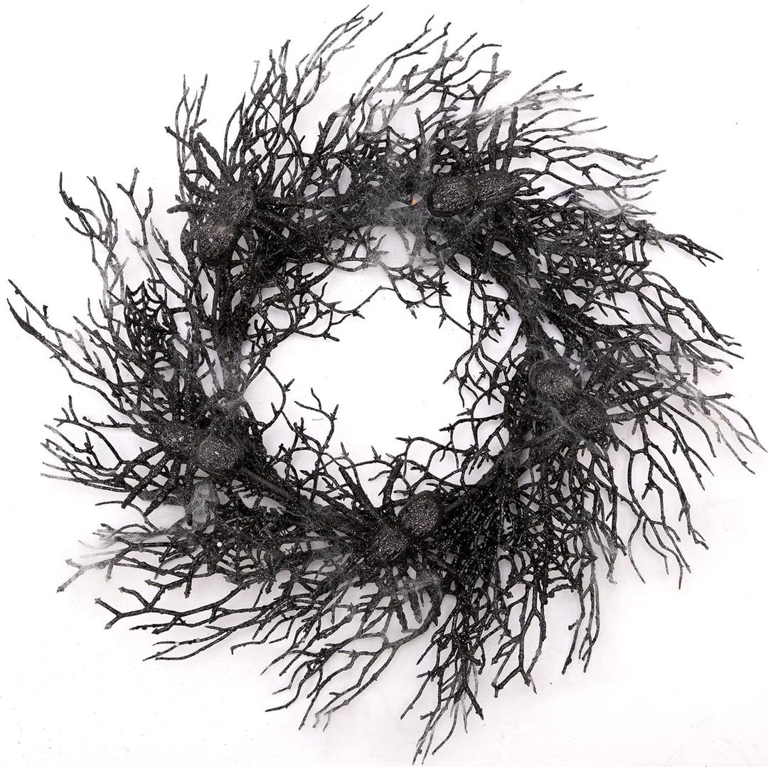 18 Inch Halloween Wreath Black Wreath with Spiders and Webs Door Wreath with Halloween Decorations for Halloween Party and Holiday Decorations