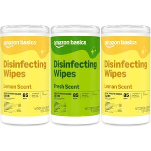 Amazon Basics Disinfecting Wipes, Lemon & Fresh Scent, Sanitizes/Cleans/Disinfects/Deodorizes, 255 Count (2 Packs Lemon, 1 Pack Fresh Scent) (85 Count (Pack of 3))