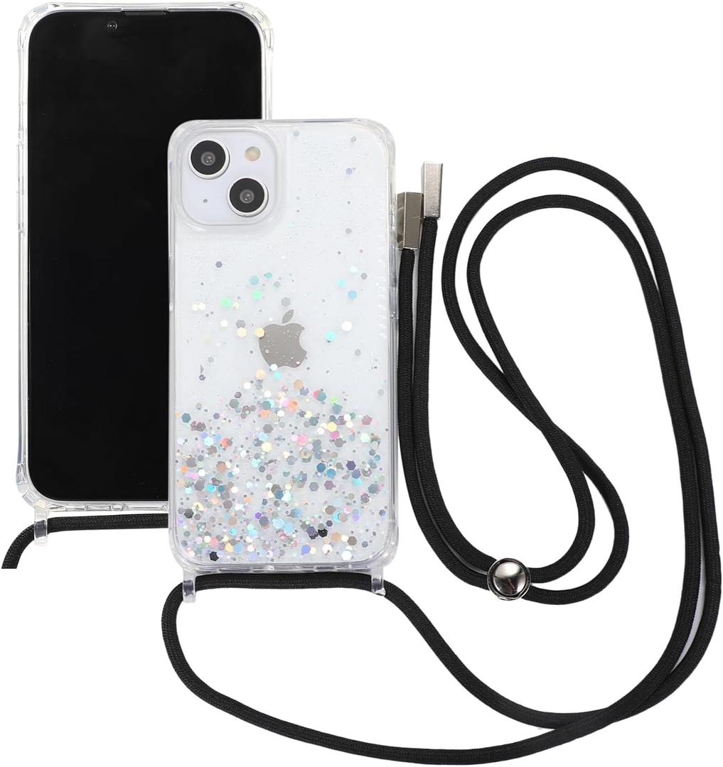 for iPhone 13 Strap Case with Crossbody Lanyard, Clear Glitter Shiny Bling Sparkle Shockproof Cover with Soft TPU Bumper, Adjustable Shoulder Neck String for Girls Women - Crystal Clear