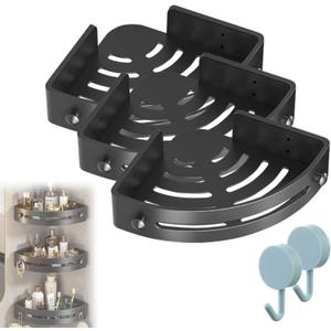 Bathroom Triangle Shelf, Corner Caddy Shower Shelf, Wall Mounted No Drilling, Adhesive Triangle Storage Baskets for Bathroom and Kitchen, Removable Suction Cup Rack (Black 3)
