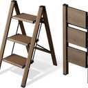 HillhutApex 3 Step Stool, Aluminum Foldable Step Ladder, Lightweight Stable Stool with Wide Non-Slip Pedals, 330lbs Bearing Capacity Ladder for Office,Home,Kitchen - Walnut