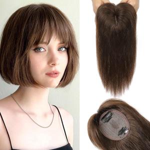 REECHO Real Human Hair Toppers for Women - 10 inch with Bangs, Medium Brown
