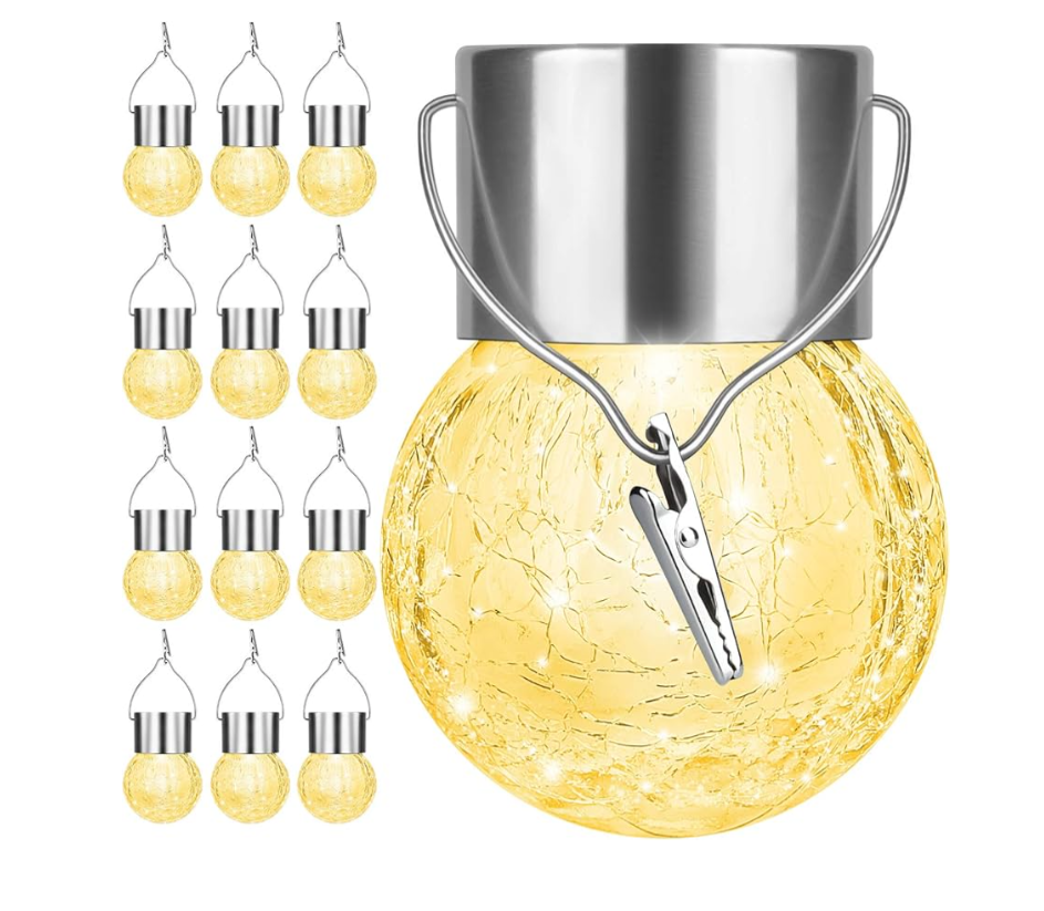 12Pack Hanging Outdoor Solar Lights - Decorative Cracked Glass LED Ball Lights Waterproof Tree Solar Powered Globe Lights with Handle for Garden Yard Patio Fence Christmas Decoration, Warm White