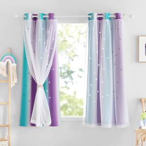 NICETOWN Kids Room Curtains with Hollow-Out Star and Tulle Overlay, Teal Purple Ombre Blackout Curtains for Boys Girls Bedroom Living Room Drcor, 34" Wide x 63" Long, 2 Panels