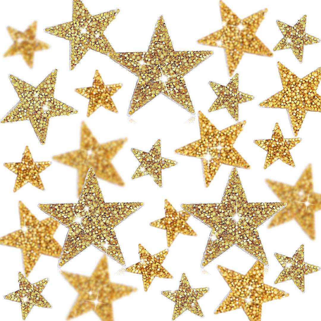 Syhood 24 Pcs Star Patches Iron on Rhinestone Adhesive Sequin Glitter Star Patches Appliques for Graduation Holiday Wedding Clothing Jeans Repair Decors(1.57/ 2.36/ 3.15 Inch, Gold)