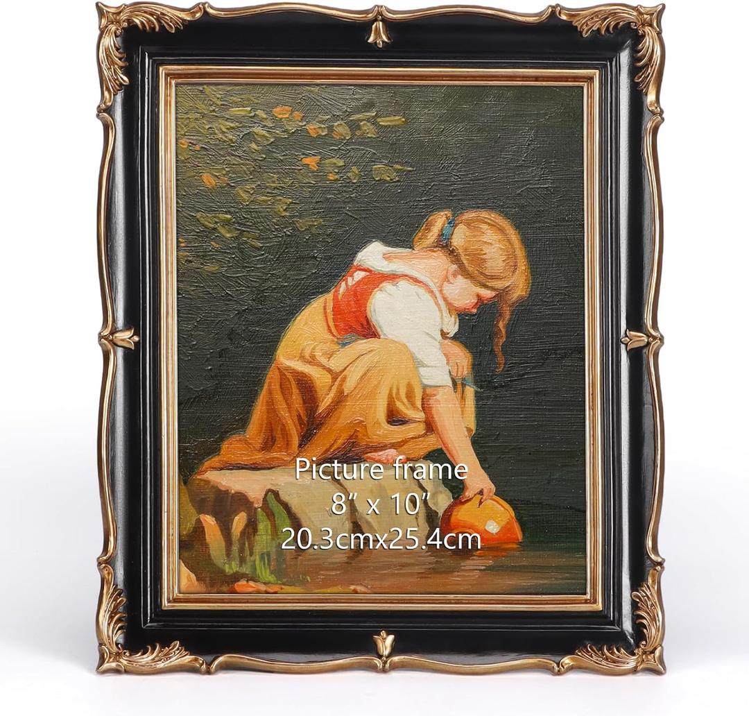 PHAREGE Vintage Picture Frame 8x10 Black Gold, 8 by 10 Ornate Decorative Antique Frame with Mat for 5x7 Photo, Fancy Matted Frame for Desktop or Wall, Horizontal or Vertical
