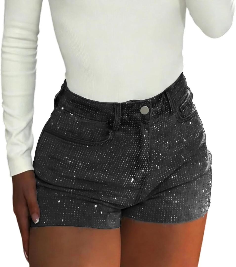 Rhinestone Jean Shorts Sparkly High Waisted Denim Short Stretchy Summer Y2K (Black, L)