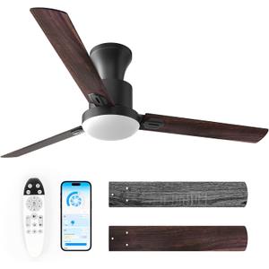 Obabala Ceiling Fans with Lights, 42 inch Flush Mount Ceiling Fan with Light and Remote Control & APP Reversible Quiet Motor Dimmable Noiseless Ceiling Fan for Bedroom, 42in/Vintage Gray Maple Walnut