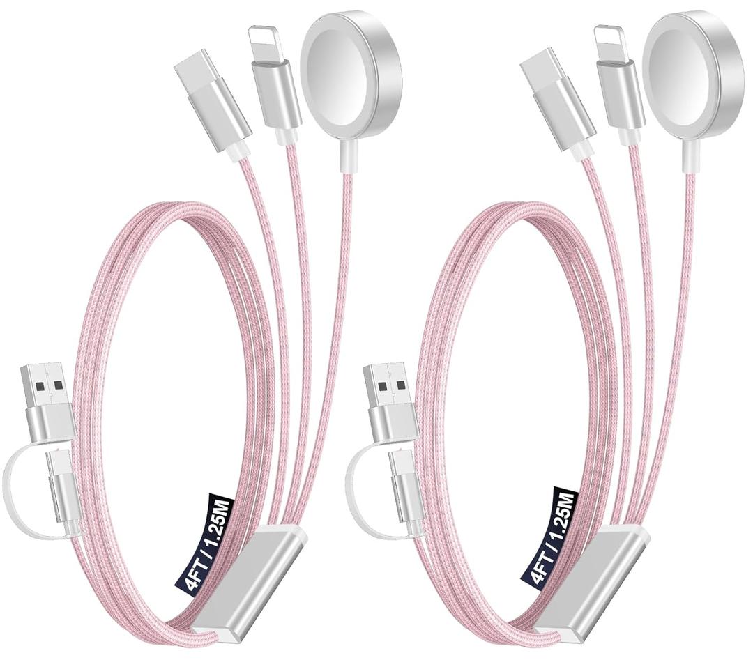 2Pack Multi Charging Cable Cord for Travel Essentials,Apple Watch Charger,iPhone Charger,[3-in-2] Type C/L Cable Portable Designed for iWatch,iPhone 17-8,Galaxy S26-21,AirPods,iPad-4FT Pink