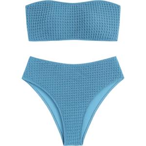 ZAFUL Women's Textured Bandeau Bikini Strapless Solid Color 2 Pieces Bathing Back Lace-up Suit Swimsuit (7-Blue, S)