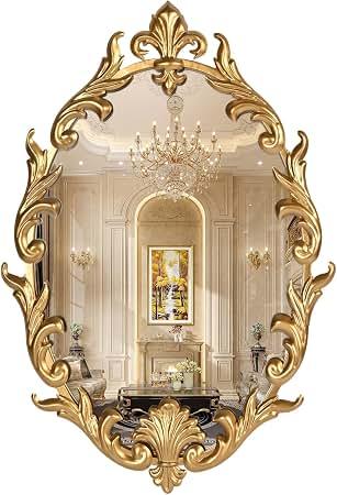 Fitous Oval Gold Baroque French Vintage Wall Mirror, 24"x16" Antique Vanity Ornate Decorative Mirror with Metal Frame, Carved Pattern for Living Room, Entryway, Hallway, Bedroom,Bathroom