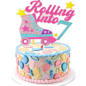 Rolling into 7th Theme Cake Toppers Happy 7th Birthday Cake Topper 7 Years Old Birthday Decorations for Girls Roller Skate Birthday Party Cake Topper
